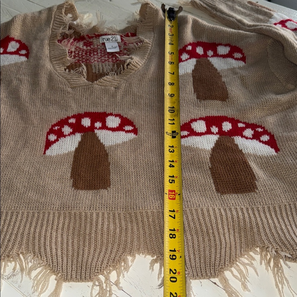 Rue 21 Frayed Mushroom Pattern V Neck knit Sweater - Tan Red white - Picture 9 of 9